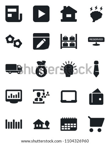 Set of vector isolated black icon - luggage storage vector, gear, notebook pc, tie, brainstorm, car delivery, term, barcode, play button, notes, monitor statistics, news, hr, house, with tree, cart