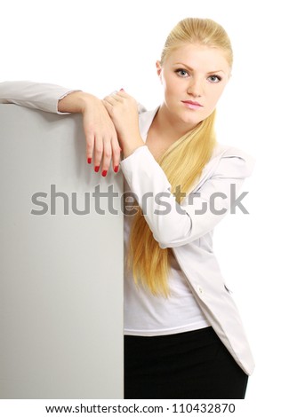 A  woman with a blank, isolated on white background