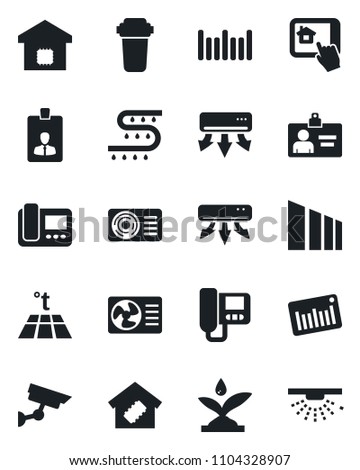 Set of vector isolated black icon - identity card vector, drip irrigation, sorting, barcode, air conditioner, smart home, intercome, control app, water filter, warm floor, surveillance, sprinkler