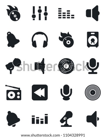 Set of vector isolated black icon - vinyl vector, flame disk, microphone, radio, speaker, settings, equalizer, headphones, rewind, bell, sound