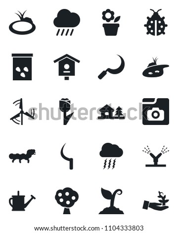 Set of vector isolated black icon - storm cloud vector, flower in pot, watering can, sproute, lady bug, rain, sickle, seeds, caterpillar, pond, bird house, tulip, photo gallery, with tree, windmill