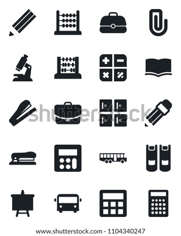 Set of vector isolated black icon - airport bus vector, checkroom, book, calculator, abacus, presentation board, microscope, paper clip, pencil, stapler, case