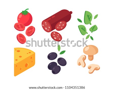 Isometric pizza products. Tomato, cheese, pepperoni, mushrooms and olives. Isolated isometric 3d illustration on white background Royalty-Free Stock Photo #1104351386