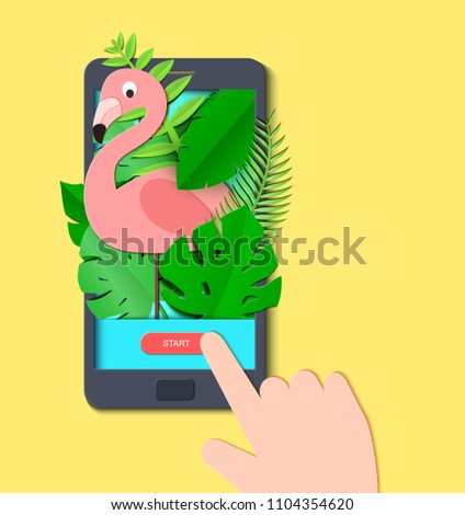 Tropical paradise paper background with leaves and exotic birds in mobile phone and hand. Flamingo look out over the thickets of the jungle from screen. Vector card illustration in paper art style
