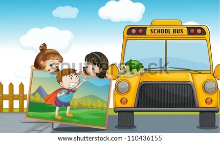 illustration of kids and school bus in nature