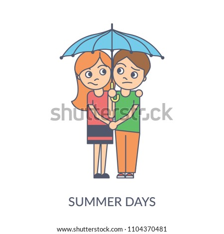 Summer couple. Cartoon flat vector illustration of young girl and boy holding hands and standing under umbrella together. Smiling teenagers isolated on white background