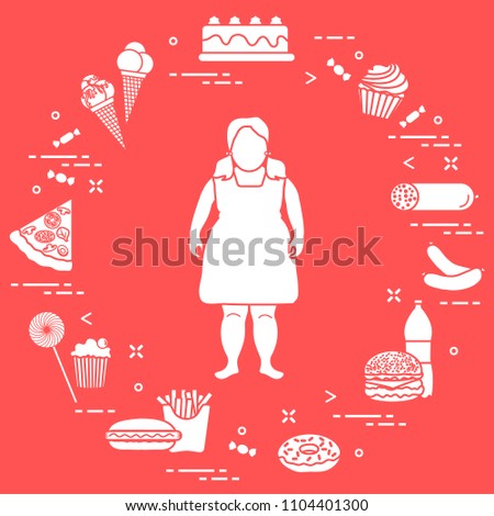 Fat girl with unhealthy lifestyle symbols around her. Harmful eating habits. Design for banner and print.