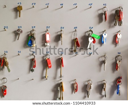Wooden key holder. Door keys Royalty-Free Stock Photo #1104410933