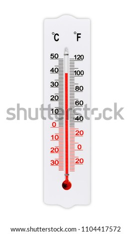 Thermometer for measuring air temperature isolated on white background. The thermometer shows plus 40 degrees celsius Royalty-Free Stock Photo #1104417572