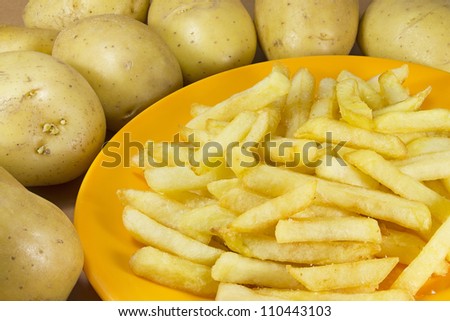 Plate of chips surrounded by a group of potatoes even without cooking.