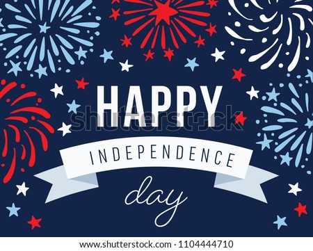 Happy Independence day, 4th July national holiday. Festive greeting card, invitation with hand drawn fireworks in USA flag colors. Vector illustration background, web banner. Royalty-Free Stock Photo #1104444710