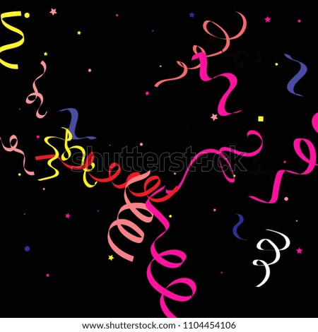 Colorful star ribbon confetti. Fallen vector background. Blue, yellow, purple geometric stars and ribbons explosion for invitation card. New year and christmas celebration template.