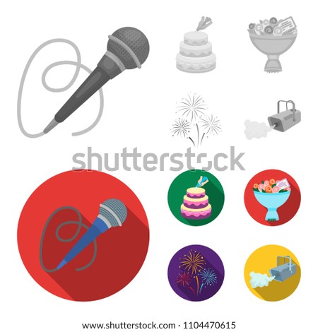 Hand making a cake with cream, a microphone with a cord, a bouquet of roses with a greeting card, a festive salute. Event services set collection icons in monochrome,flat style vector symbol stock