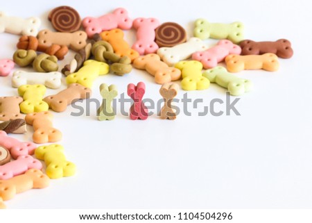 Delicious of snack dog biscuit or dog treat in shape of bone copy space on the white background, Can use background , Advertising for pet food Royalty-Free Stock Photo #1104504296
