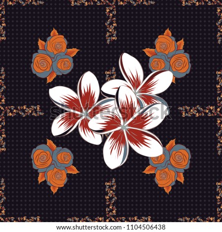 Hand written vector plumeria flowers, stamps, keys. Vintage seamless pattern in gray, white and orange colors.