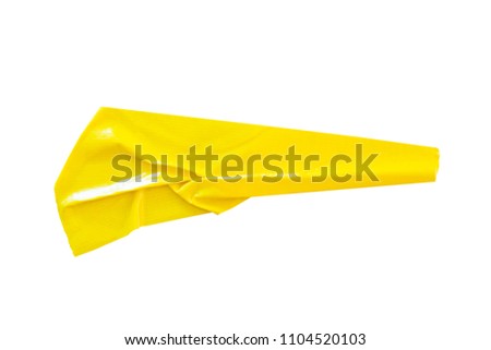 yellow tapes on white background. Torn horizontal and different size yellow sticky tape, adhesive pieces.