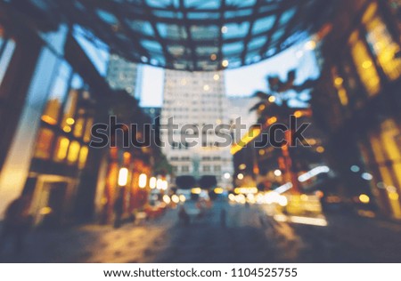 Blurred view of a large plaza in Downtown Los Angeles, CA