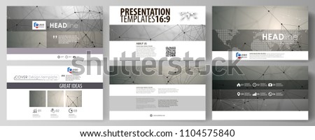 Business templates in HD format for presentation slides. Easy editable abstract vector layouts in flat design. Chemistry pattern, molecule structure on gray background. Science and technology concept.