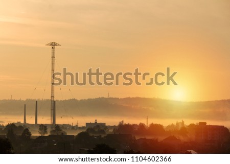 Sunrise over city Ceske Budejovice with hills