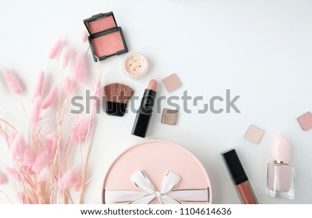 makeup cosmetic product. beauty fashion pink flat lay .