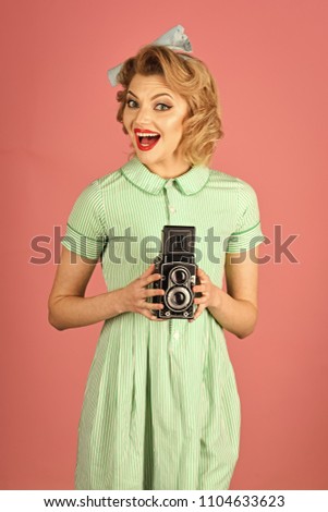Family portrait, old fashion, journalism, pinup. family portrait, retro woman with vintage camera
