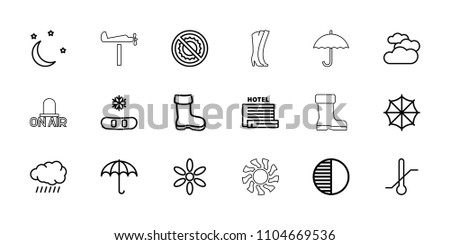 Weather icon. collection of 18 weather outline icons such as sun, boot, umbrella, snowflake, no brightness, thermometer, brightness. editable weather icons for web and mobile.