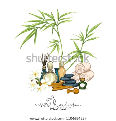 A set of different items, needs for SPA  or Thai massage with tropical plants and flowers. Colorful stock vector illustration.