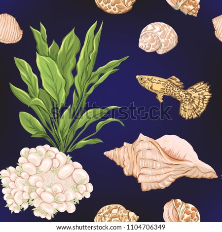 Sea world seamless pattern, background with fish, corals and shells on dark blue sea background. Stock vector illustration.