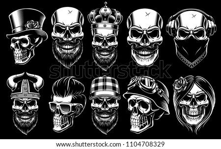 Set of different skulls. Shirt designs, badges, stickers with viking, king, gentleman, barber, biker and other. Isolated black and white illustrations.