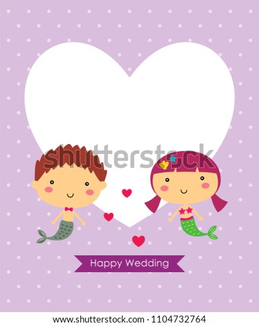 cute mermaid cartoon couple happy wedding greeting card vector illustration.