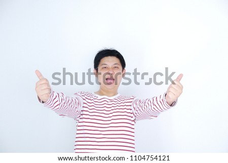 Asian man with red stripe t-shirt on white background