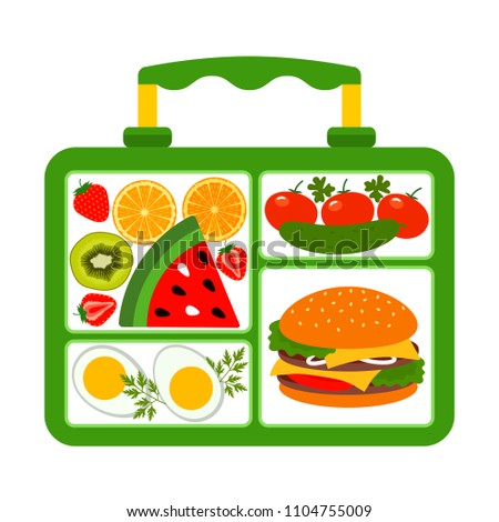 Lunch box with a good lunch for the schoolboy - hamburger, fruit, vegetables and drink. flat vector illustration isolated on white background