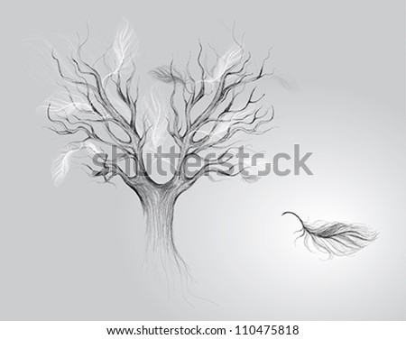 Autumn of life: Tree with falling feathers / Surreal vector sketch