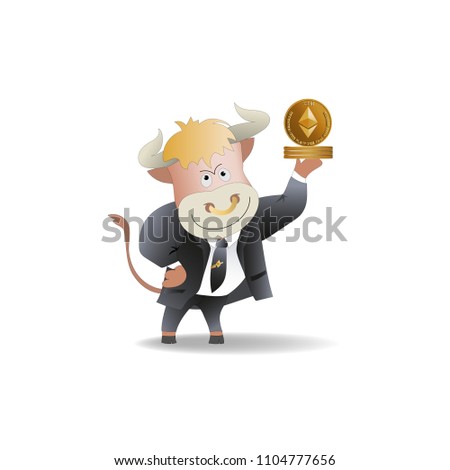 Bull businessman demonstrates Ephyrium. Cryptography, an illustration of financial technologies, the strategy of playing on the exchange crypto currency. Cartoon style.