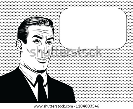 Vector black and white comic style illustration of a manager with emotional face over dot background. Handsome guy  in suit speaking with speech bubble