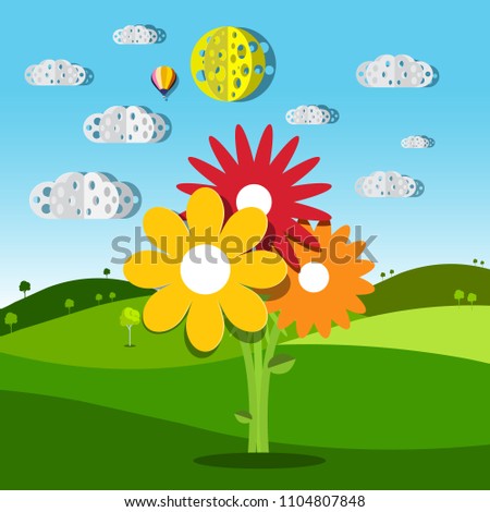 Meadow with Colorful Flowers. Vector Illustration of Summer Field. Natural Rural Scene with Hills.