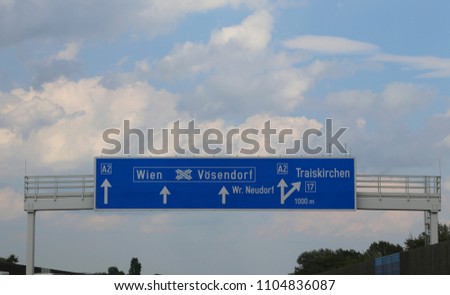 Sign of the Austrian motorway with directions to go to the city of Vienna