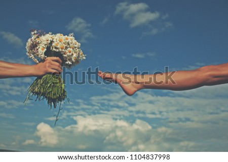 Hand gives a wild flower with love. romance, feelings. Flowers. Hands concept. Love story. Sky background. Love concept. Summer time. Holidays. People. Happy day. Honeymoon. Life. Dreaming. Nature.