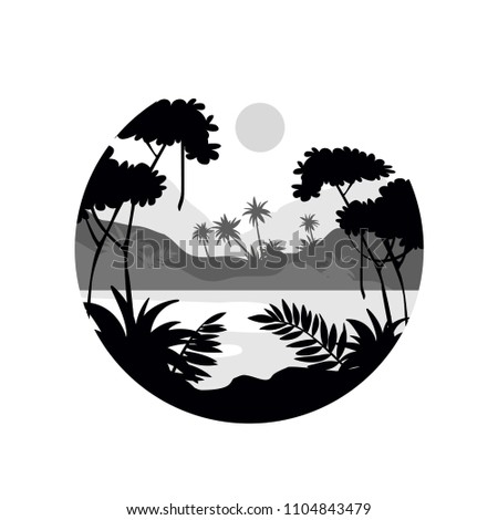Tropical scenery with palm trees, water and mountains, monochrome landscape in geometric round shape design vector Illustration on a white background