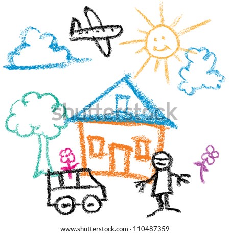 Kids Crayon Drawing of sunny day house and man and car Royalty-Free Stock Photo #110487359