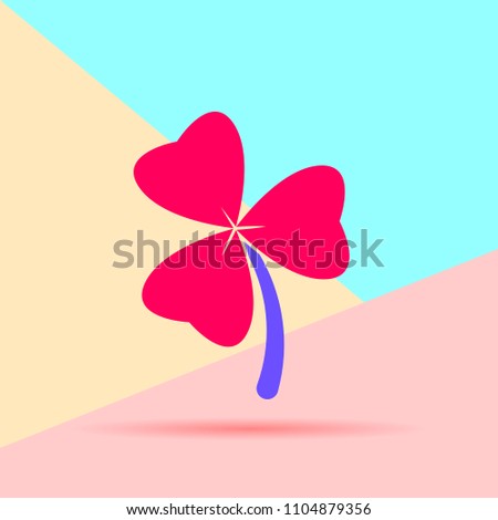 Flat art design graphic image of clover with three leaves sign on pink and blue background. 