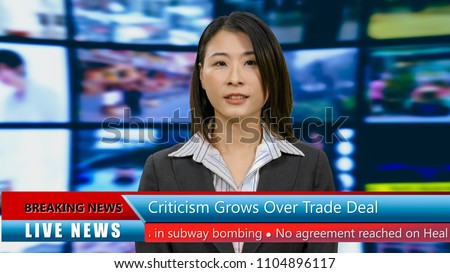 Asian American anchorwoman with lower thirds, TV news broadcast concept