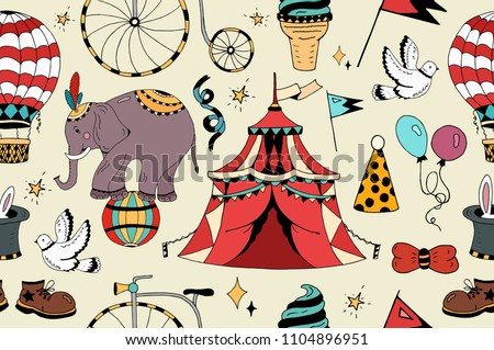 Seamless pattern Circus elements coloring set vector for design with magician rabbit balloon elephant isolated boots black and white hat magic