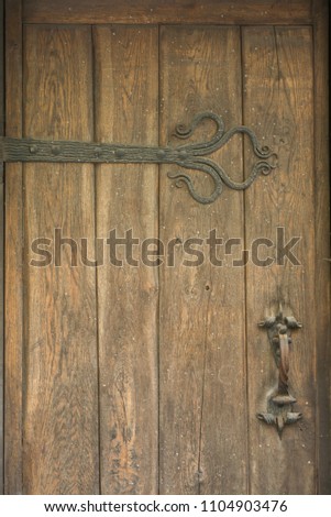 An interesting door texture with a metal ornament.