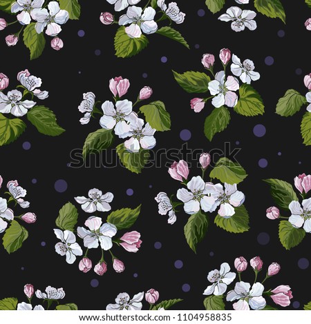 Seamless pattern with apple tree inflorescence on black background and lilac dots