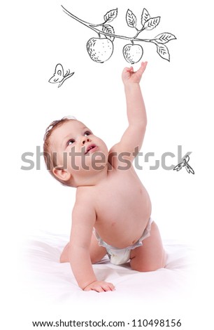 Closeup portrait of cute baby boy with outstretched hand isolated on white background