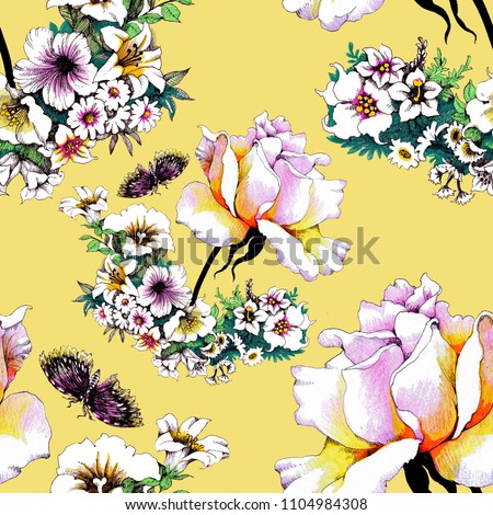 Watercolor floral seamless pattern with peony flowers and butterflies on yellow background