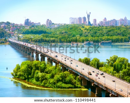 Kiev City - the capital of Ukraine. Kyiv panorama. Paton Bridge, Dnipro river. Riverside. 