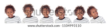 Many pictures of african child making silly faces isolated on white background