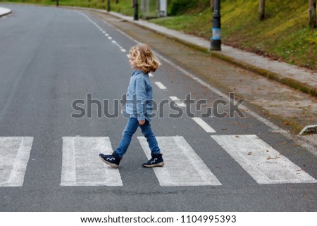 Little boy crossing alone on the road